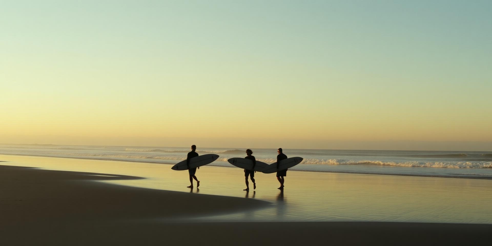 Surfers walking on a coastal beach at sunset